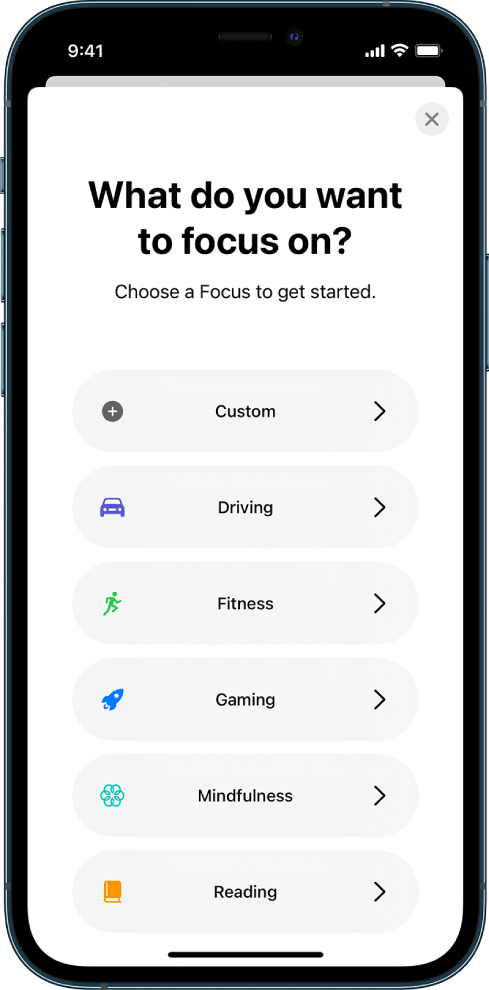 The Focus setup screen with the following Focus options from top to bottom: Custom, Driving, Fitness, Gaming, Mindfulness, and Reading.
