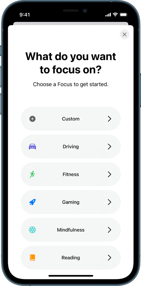 A Focus setup screen for one of the additional provided Focus options, including Custom, Driving, Fitness, Gaming, Mindfulness, and Reading.