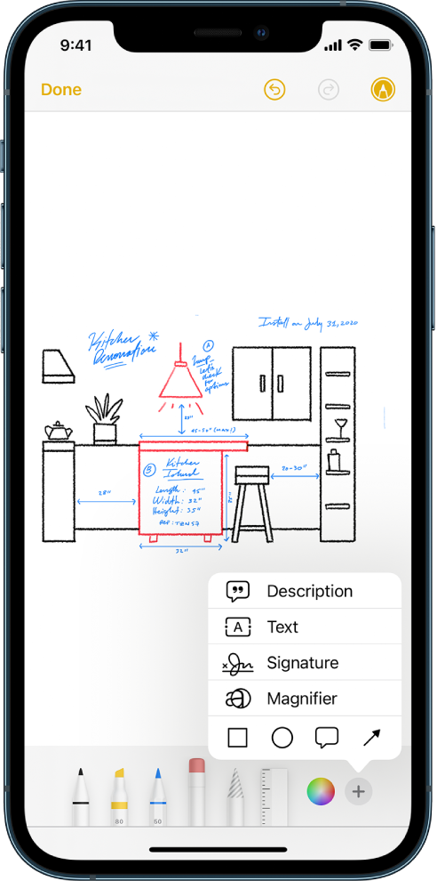 A diagram of a kitchen remodel is marked up in the Notes app. The Markup toolbar with drawing tools and the color picker appears at the bottom of the screen. A menu with choices for adding text, a description, a signature, a magnifier, and shapes appears in the lower-right corner.