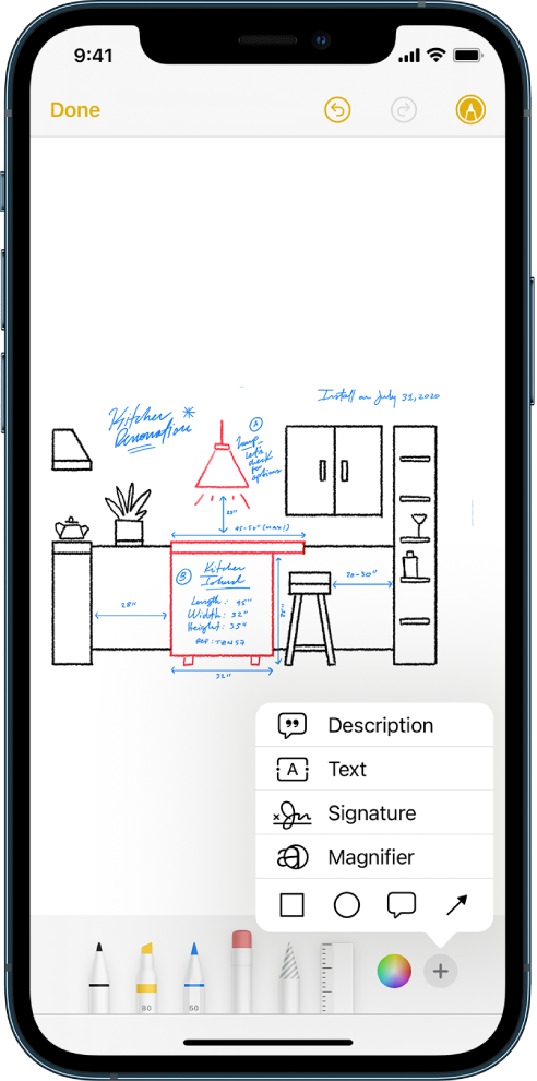 A drawing of a kitchen remodel is shown with the Markup tools at the bottom of the screen. A menu with choices for adding a description, text, a signature, a magnifier, and shapes appears in the lower-right corner.