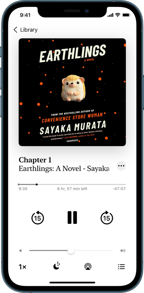 The audiobook player screen showing the audiobook cover in the top center. Below the cover are the track number, audiobook name, and author. Below the audiobook name is the playhead, and below that are the play, pause, and skip back and skip forward controls. Below the player controls is the volume control slider. At the bottom of the screen, from left to right, are the Playback Speed button, Sleep Timer button, Playback Destination button, and Track List button. The Library button is at the top-left corner.