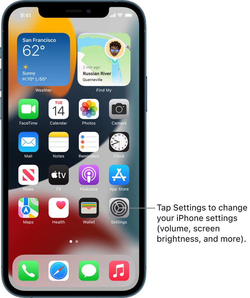 The Home Screen with several app icons, including the Settings app icon, which you can tap to change your iPhone sound volume, screen brightness, and more.