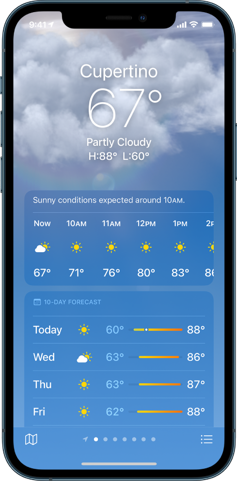 The Weather screen showing from top to bottom: the location, current temperature, the high and low temperatures for the day, hourly forecast, and 10-day forecast. A row of dots at the bottom center shows how many locations are in the location list. At the bottom-right corner is the Location List button and at the bottom-left corner is the Show Map button.