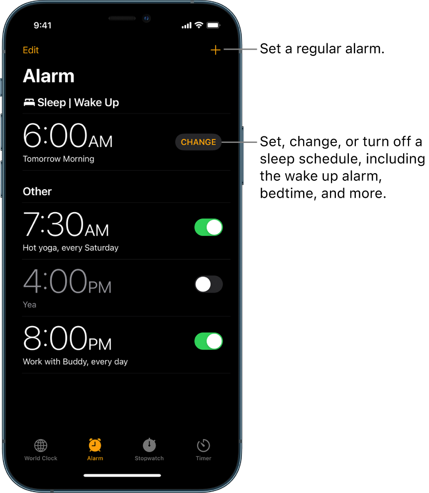 The Alarm tab, showing four alarms set for various times, the button for setting a regular alarm at the top right, and the Wake Up alarm with a button for changing the sleep schedule in the Health app.