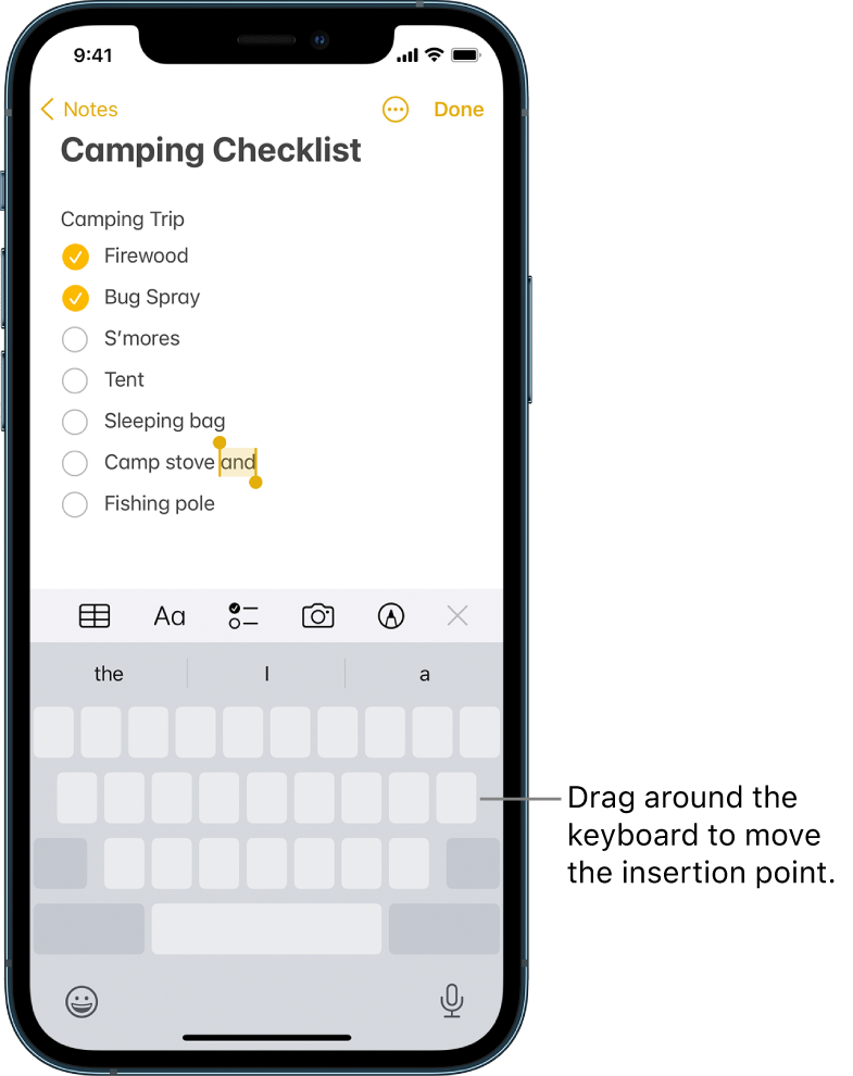 A note being edited after the keyboard has been turned into a trackpad. The keyboard is dimmed to show that it now works as a trackpad.