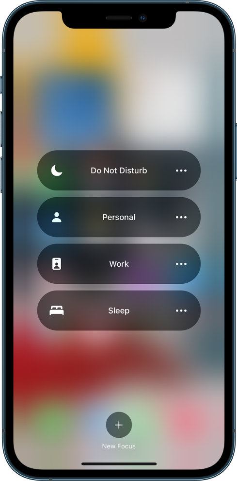 Control Center showing the Focus options, with buttons for setting the duration of the Focus options.