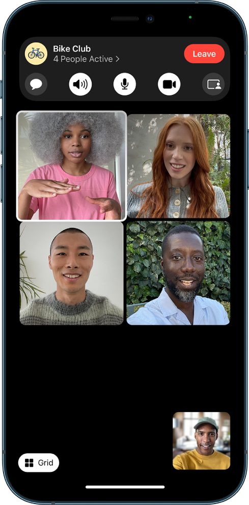 A Group FaceTime call, showing the participants in Grid Layout, with the speaker’s image highlighted.