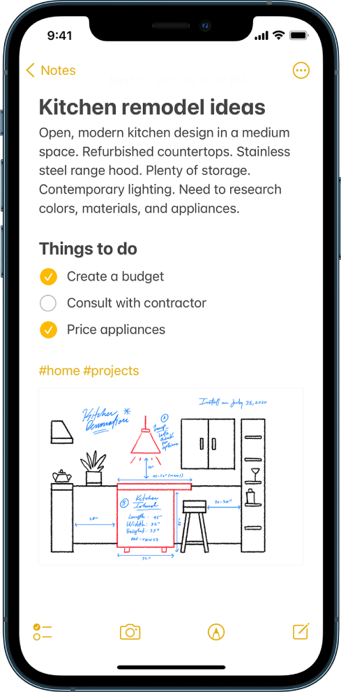 A note showing text for kitchen remodeling ideas and a to-do checklist. There are buttons to collaborate with other people on the note and to share the note. There are buttons at the bottom to delete the note, add a checklist, add a photo, show handwriting tools, and create a new note.
