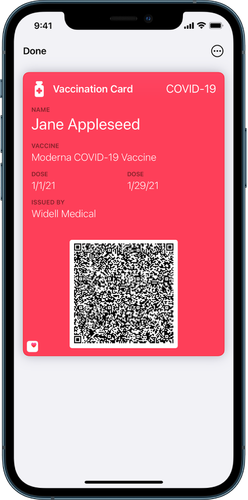 A vaccination card in the Wallet app.