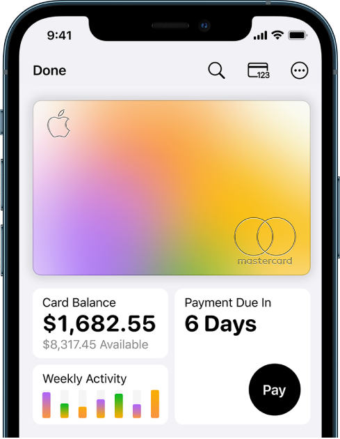 Apple Card in Wallet, showing the More button at the top right, total balance and weekly activity at the bottom left, and the Pay button at the bottom right.