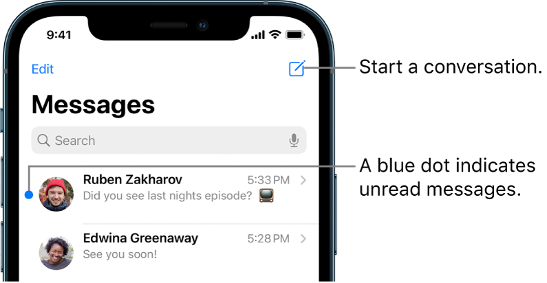 The Messages list, with the Edit button at the top left and the Compose button at the top right. A blue dot to the left of a message indicates it’s unread.