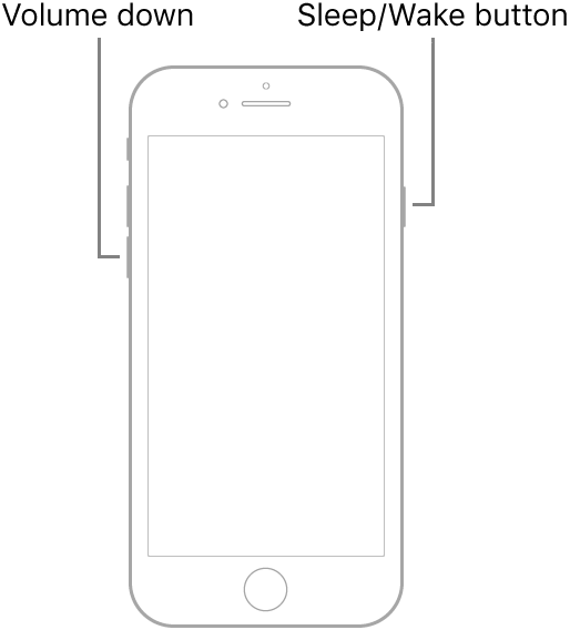 An illustration of iPhone 7 with the screen facing up. The volume down button is shown on the left side of the device, and the Sleep/Wake button is shown on the right.