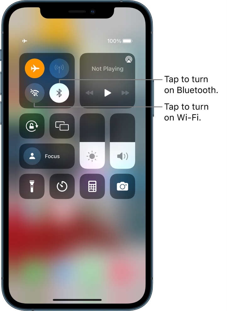 Control Center with airplane mode on. The buttons for turning on Wi-Fi and Bluetooth are near the upper-left corner of Control Center.