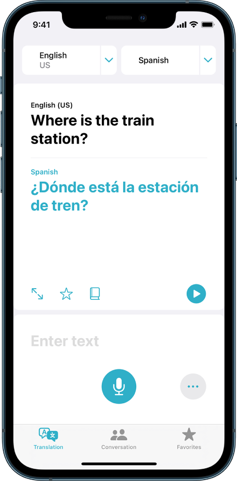 The Translation tab, showing two language selectors—English and Spanish—at the top, a translation in the center, and the Enter Text field near the bottom.