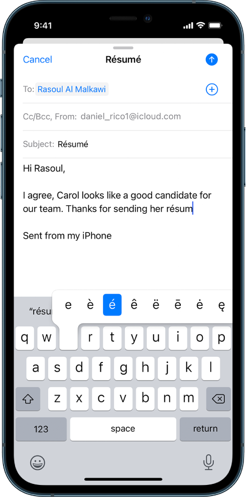 A screen showing an email being composed. The keyboard is open and showing alternate accented characters that appear when you touch and hold the E key.