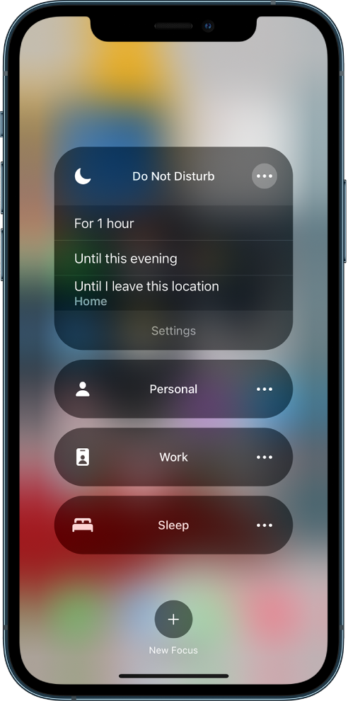 The screen for choosing how long to leave on Do Not Disturb—the options are “For 1 hour,” “Until this evening,” and “Until I leave this location.”