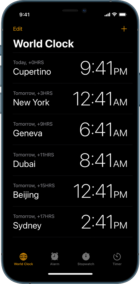 The World Clock tab, showing the time in various cities. The Edit button near the upper-left corner lets you reorder or delete clocks. The Add button near the upper-right corner lets you add more clocks. World Clock, Alarm, Stopwatch, and Timer buttons are along the bottom.