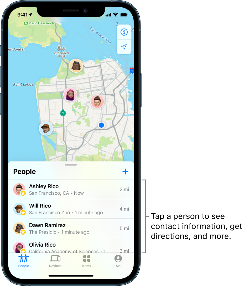 The Find My screen open to the People list. There are four people in the list: Ashley Rico, Will Rico, Dawn Ramirez, and Olivia Rico. Their locations are shown on a map of San Francisco.