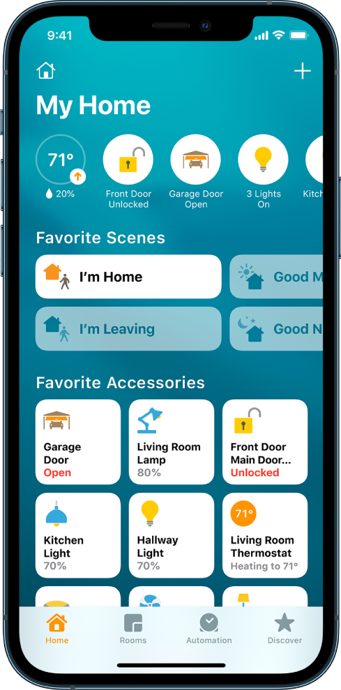 The Home tab, showing scenes and accessories that have been marked as favorites. Accessory status buttons are also shown. Other tabs across the bottom are Rooms and Automation.