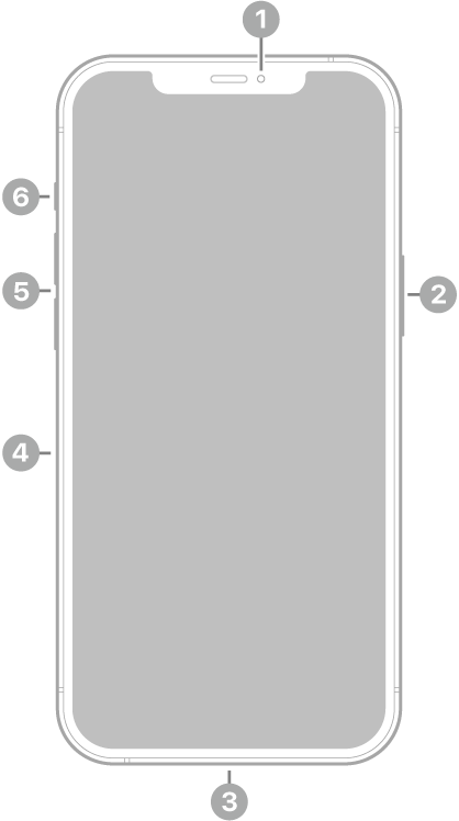 The front view of iPhone 12 Pro Max. The front camera is at the top center. The side button is on the right side. The Lightning connector is on the bottom. On the left side, from bottom to top, are the SIM tray, the volume buttons, and the ring/silent switch.