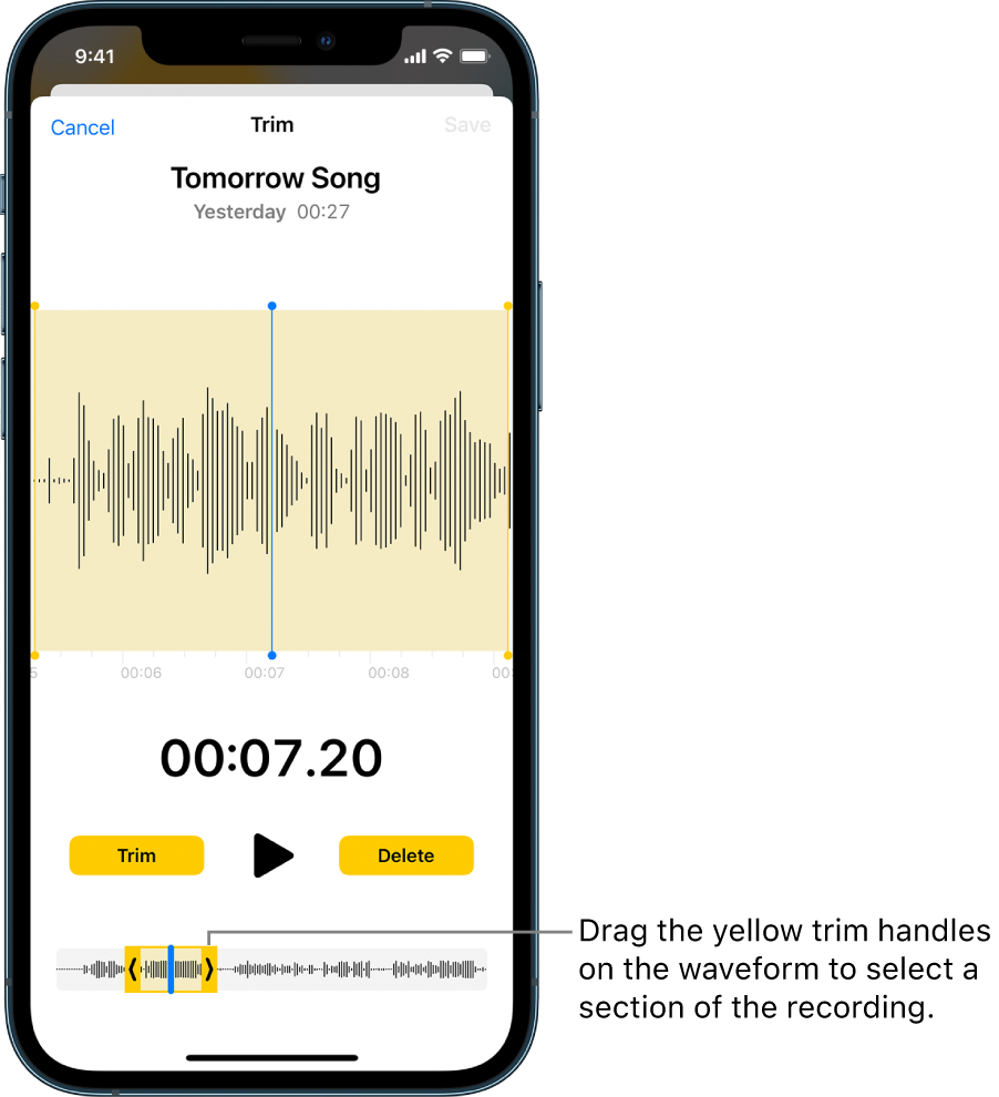 A recording being trimmed, with the yellow trim handles enclosing a portion of the audio waveform at the bottom of the screen. A Play button and a recording timer appear above the waveform. The trim handles are below the Play button. The Trim button for deleting the part of the recording outside the handles, and the Delete button for deleting the part of the recording inside the handles, are on either side of the Play button.