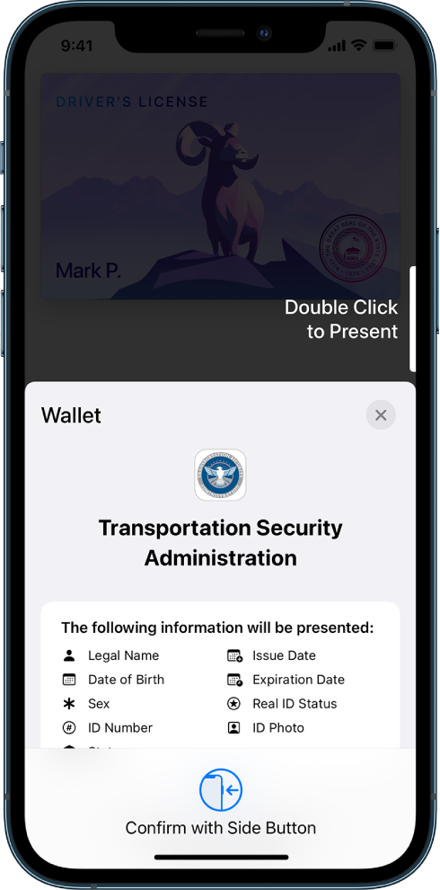 A screen showing the information requested by the TSA, including legal name, birthdate, ID number, ID photo, and more.