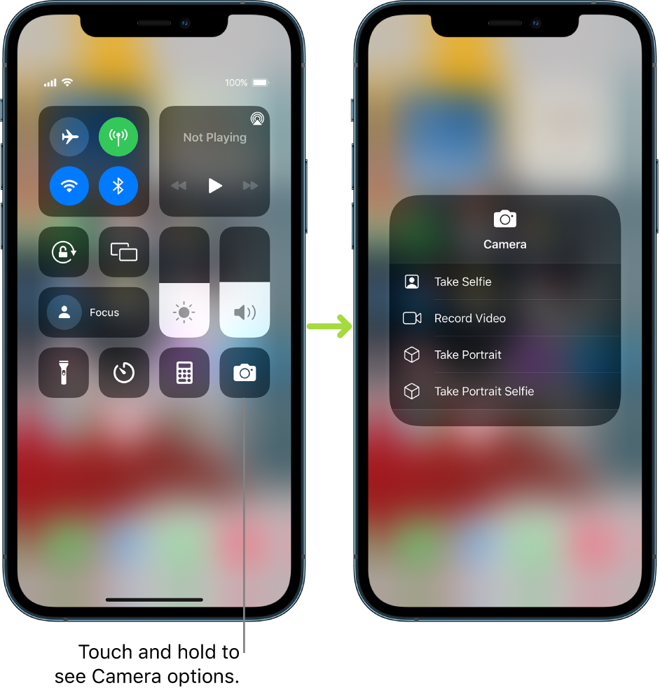Two Control Center screens side by side—the one on the left shows controls for airplane mode, cellular data, Wi-Fi, and Bluetooth in the top-left group. The Camera icon is shown at the bottom right. The screen on the right shows more options in the quick actions menu for Camera: Take Selfie, Record Video, Take Portrait, and Take Portrait Selfie.