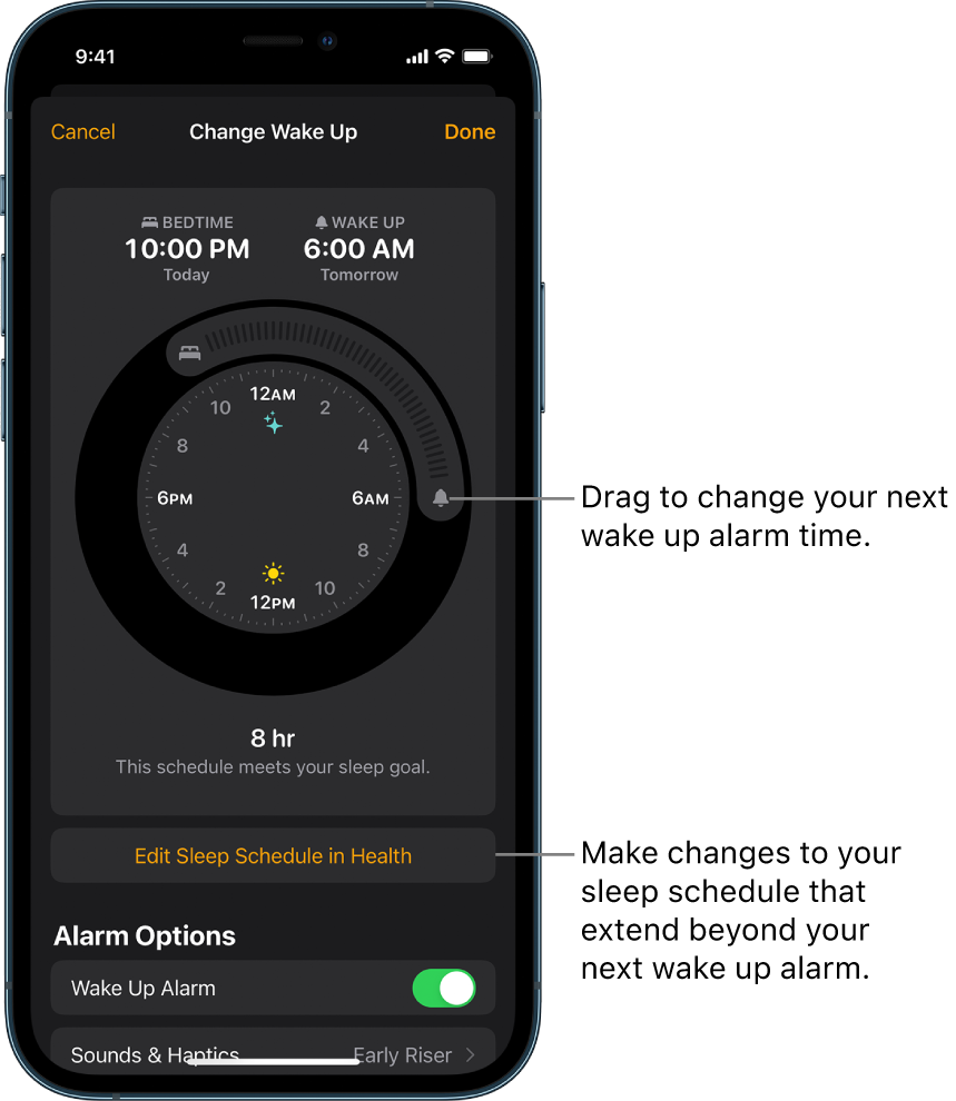 A screen for changing tomorrow’s wake up alarm, with buttons to drag for changing the bedtime and wake up time, a button for changing the sleep schedule in the Health app, and a button for turning the Wake Up alarm off or on.