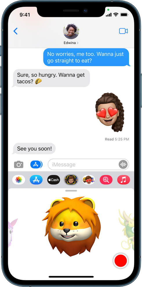 A Messages conversation with a Memoji selected and ready to be recorded before being sent.