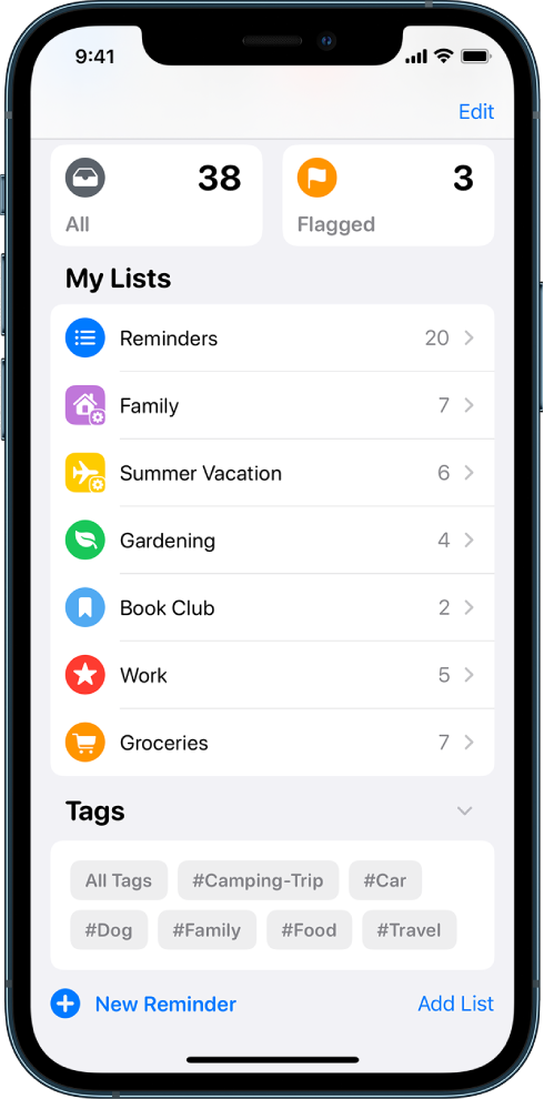 A screen showing several lists in Reminders. The Tag Browser is at the bottom.