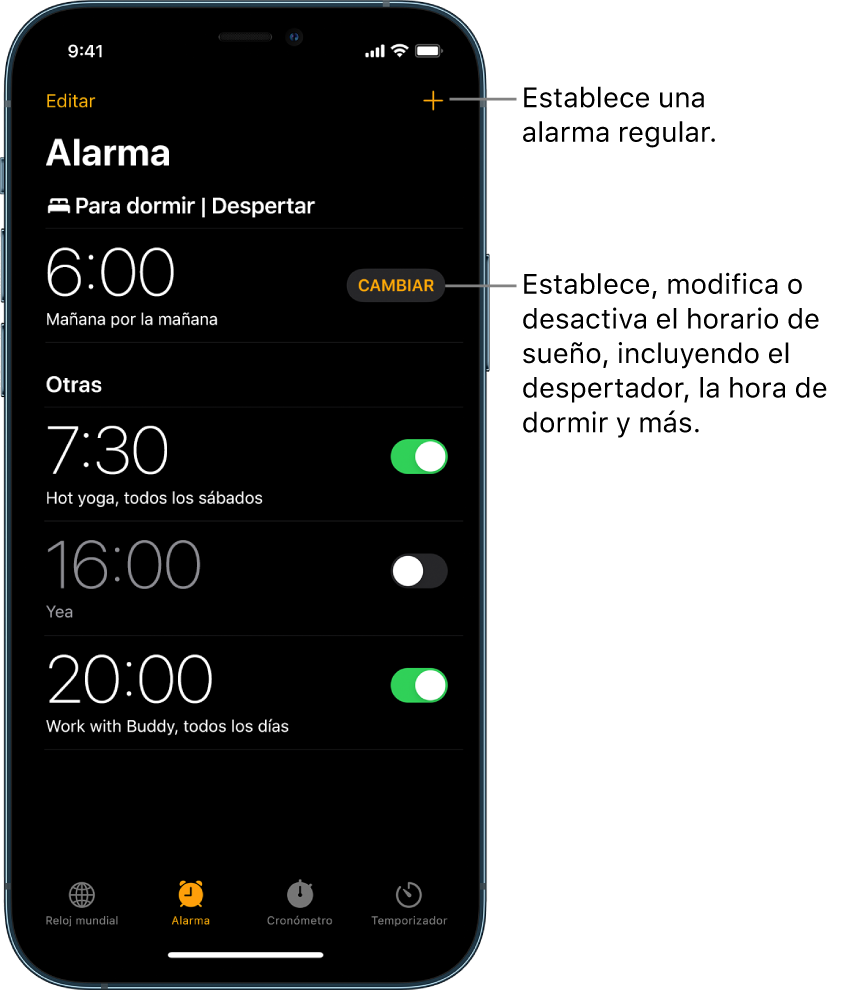 La pestaña Alarma mostrando cuatro alarmas para varias horas de día, el botón para establecer una alarma normal en la esquina superior derecha, y la alarma Despertador con un botón que permite cambiar el horario de sueño desde la app Salud.