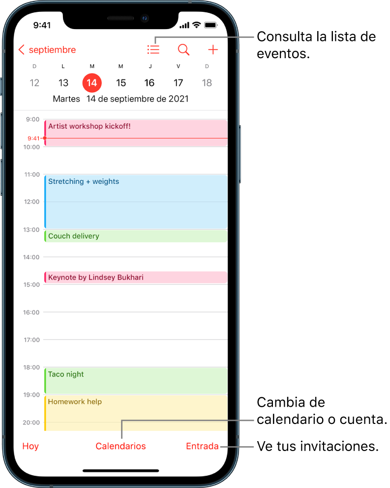 Un calendario en la vista por día mostrando los eventos del día. El botón Calendarios ubicado en la parte inferior de la pantalla te permite cambiar de cuenta de calendario. El botón Entrada ubicado en la parte inferior derecha te permite ver las invitaciones.