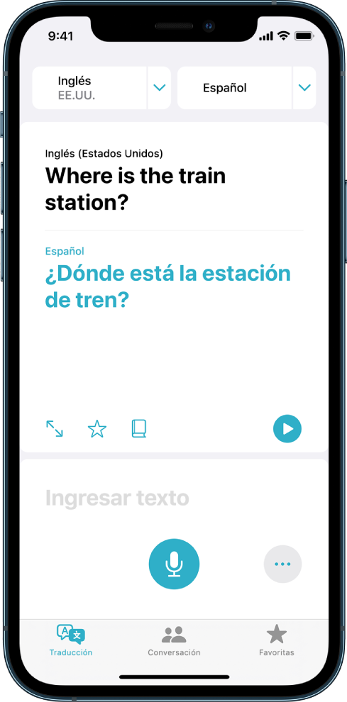 La pestaña Traducción mostrando dos selectores de idiomas (inglés y español) en la parte superior, una traducción en el centro y el campo “Ingresar texto” cerca de la parte inferior.