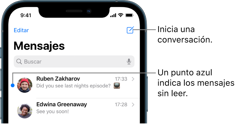 La lista Mensajes, con el botón Editar en la parte superior izquierda y el botón Redactar en la parte superior derecha. Un punto azul a la izquierda del mensaje indica que no se ha leído.