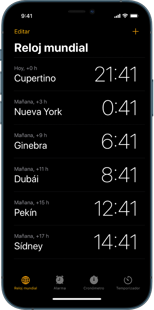 La pestaña “Reloj mundial” mostrando la hora en varias ciudades. El botón Editar cerca de la esquina superior izquierda te permite reordenar o eliminar relojes. El botón Agregar cerca de la esquina superior derecha te permite agregar más relojes. Los botones Reloj mundial, Alarma, Cronómetro y Temporizador están en la parte inferior.