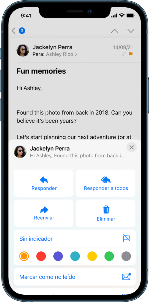 Un correo mostrando opciones para responder en la parte inferior. Debajo de estas opciones están las opciones de colores para los indicadores.