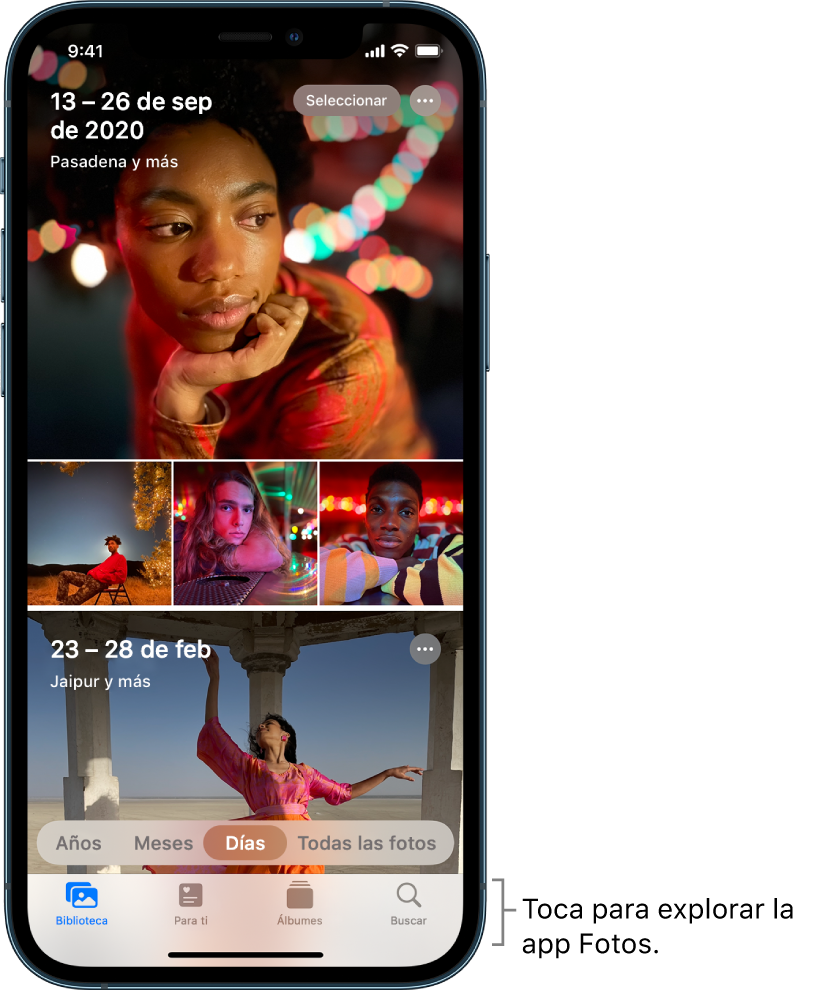 La fototeca en la vista Días. Una selección de miniaturas de fotos llena la pantalla. En la parte superior izquierda de la pantalla están la fecha y la ubicación en las que se tomaron las fotos. En la parte superior derecha están los botones Seleccionar y "Más opciones" para compartir fotos y ver detalles. Debajo de las miniaturas están las opciones para ver la fototeca por años, meses, días y todas las fotos. A lo largo de la parte inferior están los botones Fototeca, Para ti, Álbumes y Buscar.