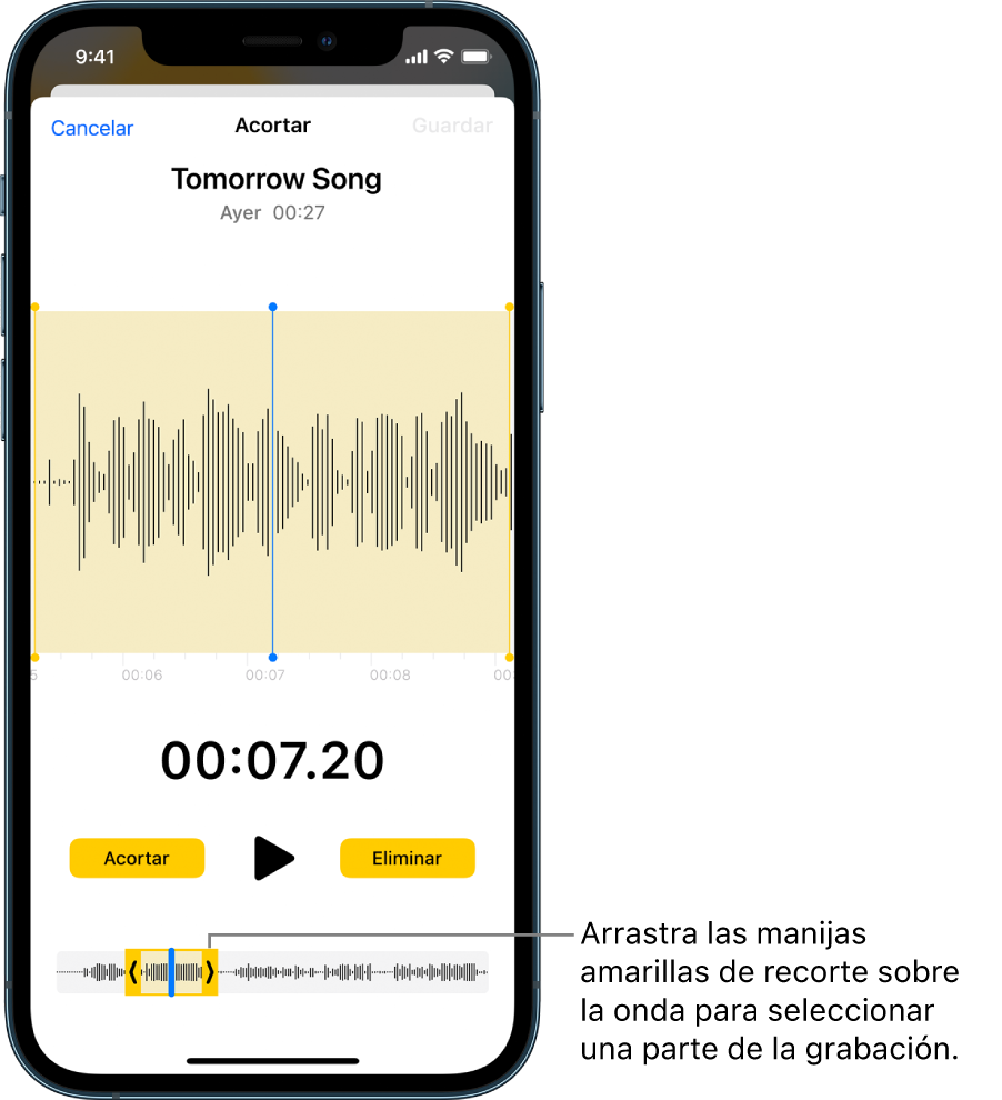 Una grabación que se está recortando mediante las manijas amarillas de recorte al separar una parte de la onda de audio en la parte inferior de la pantalla. Encima de la onda aparecen el botón Reproducir y un temporizador de grabación. Las manijas de recorte se encuentran debajo del botón Reproducir. El botón Recortar para eliminar la parte de la grabación afuera de las manijas y el botón Eliminar para eliminar la parte de la grabación dentro de las manijas se encuentran en cada lado del botón Reproducir.