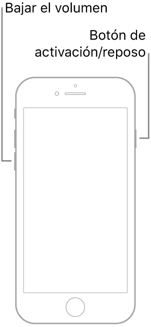 Una ilustración de un iPhone 7 con la pantalla hacia arriba. El botón para bajar el volumen se encuentra en el lado izquierdo del dispositivo, y el botón Activación/reposo está en el lado derecho.