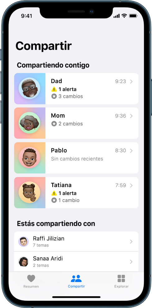 La pantalla Compartir mostrando cuatro personas que están compartiendo contigo y dos personas con las que compartes.