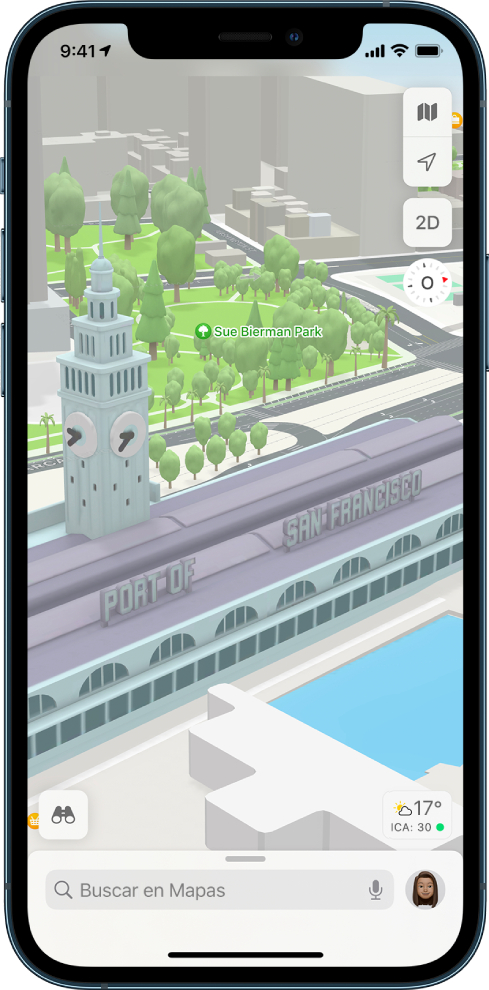 Un mapa 3D de la calle mostrando edificios, calles y un parque.