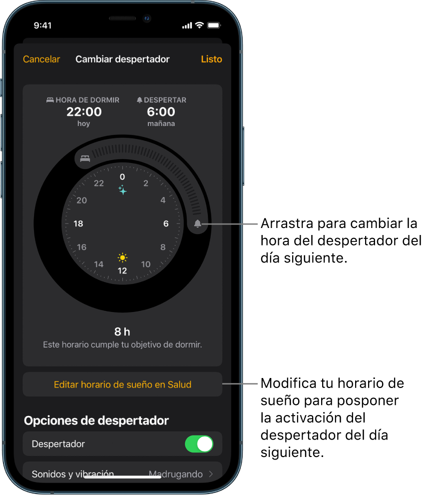 Una pantalla para cambiar la alarma del día siguiente, con botones que se pueden arrastrar para cambiar las horas de dormir y de despertar, un botón para cambiar el horario de sueño en la app Salud, y un botón para activar o desactivar el despertador.