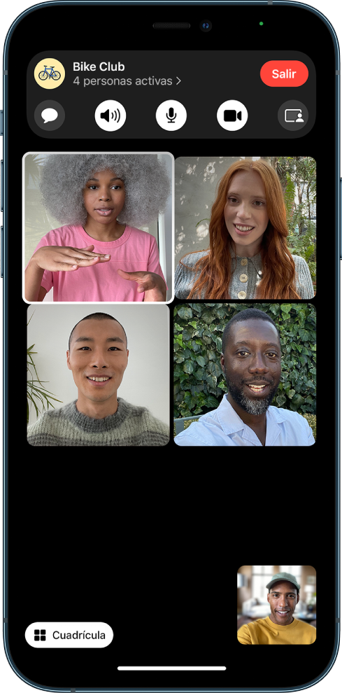 Una llamada grupal de FaceTime que muestra a los participantes en una cuadrícula, con la persona que habla en un cuadro resaltado.