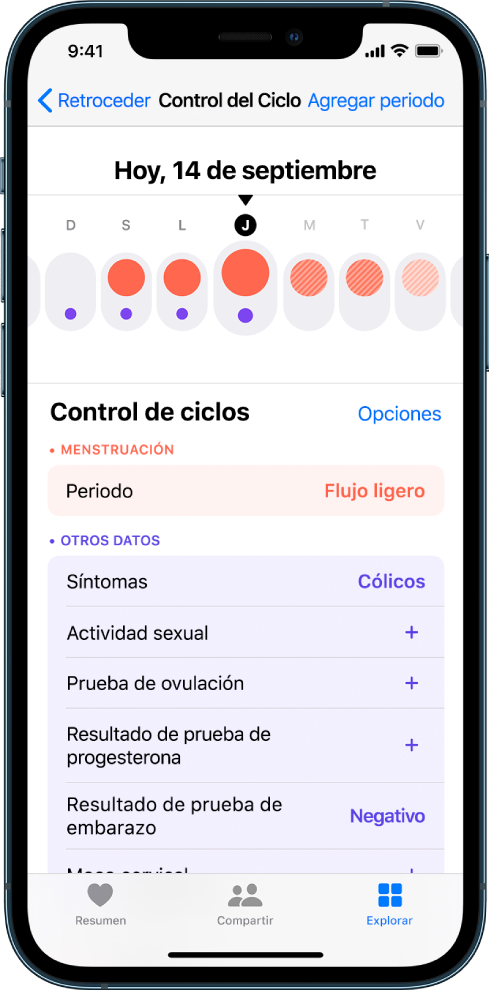La pantalla Control del Ciclo de la app Salud.
