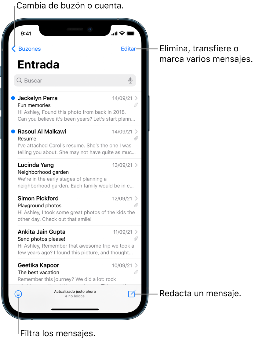 El buzón de entrada mostrando una lista de correos electrónicos. El botón Buzones para cambiar a otro buzón está en la esquina superior izquierda. El botón Editar para eliminar, mover o marcar correos está en la esquina superior derecha. El botón para filtrar correos está en la esquina inferior izquierda. El botón para redactar un correo nuevo está en la esquina inferior derecha.