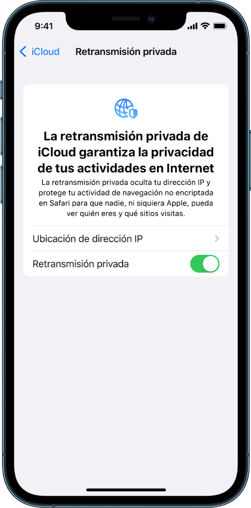 La pantalla de Configuración donde se puede activar o desactivar la retransmisión privada.