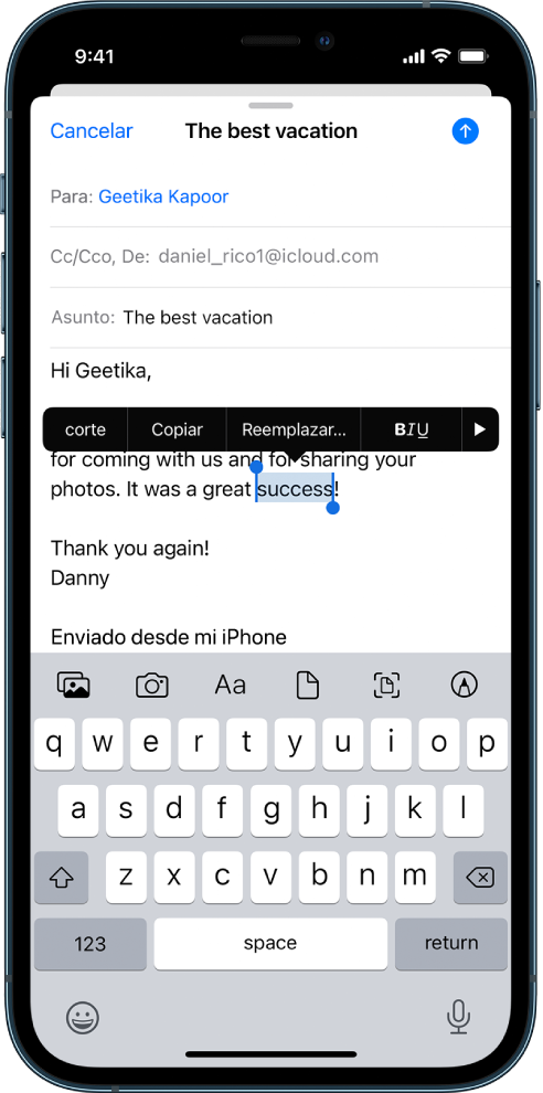 Mensaje de correo electrónico de ejemplo con parte del texto seleccionado. Encima de la selección están los botones Cortar, Copiar, Pegar y Reemplazar. El texto seleccionado está resaltado y tiene manijas en ambos extremos.