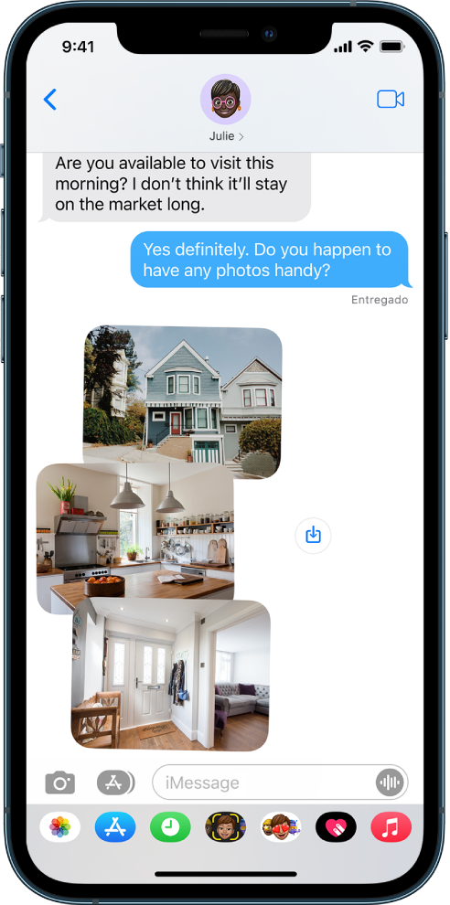 Una conversación en Mensajes. Debajo de la conversación de texto hay una colección de fotos del interior y exterior de una casa acomodadas junto a un botón para guardar.