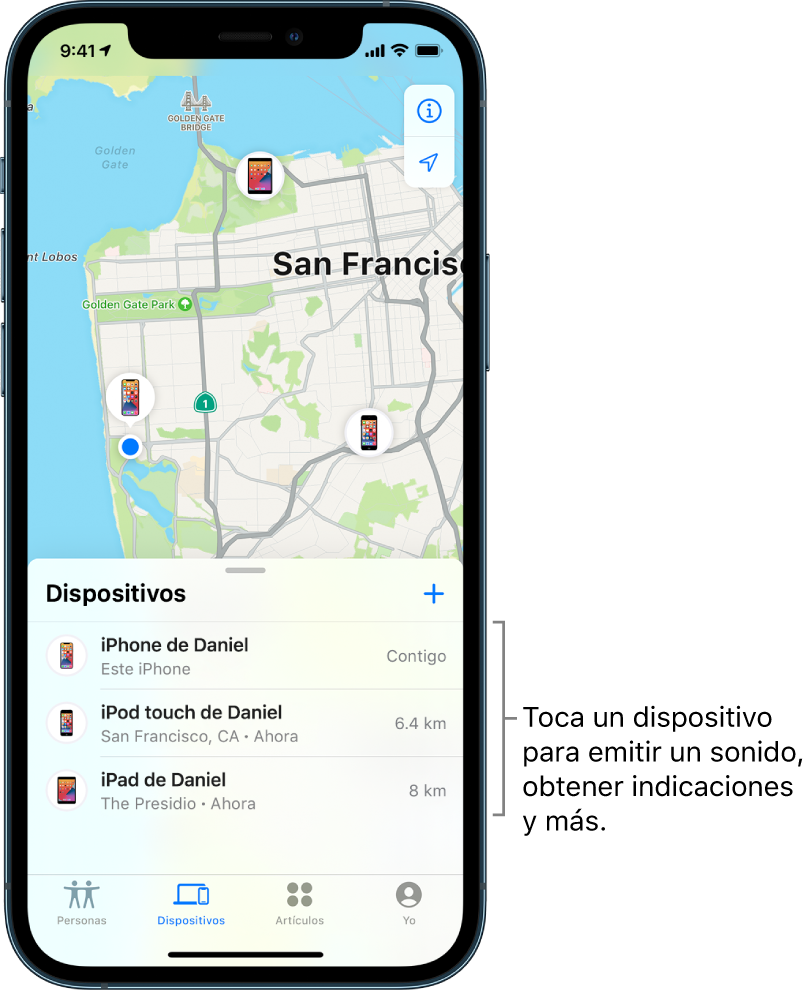 La pantalla Encontrar abierta mostrando la lista Dispositivos. Se muestran tres dispositivos en la lista Dispositivos: iPhone de Dani, iPod touch de Dani y iPad de Dani. Sus ubicaciones se muestran en un mapa de San Francisco.