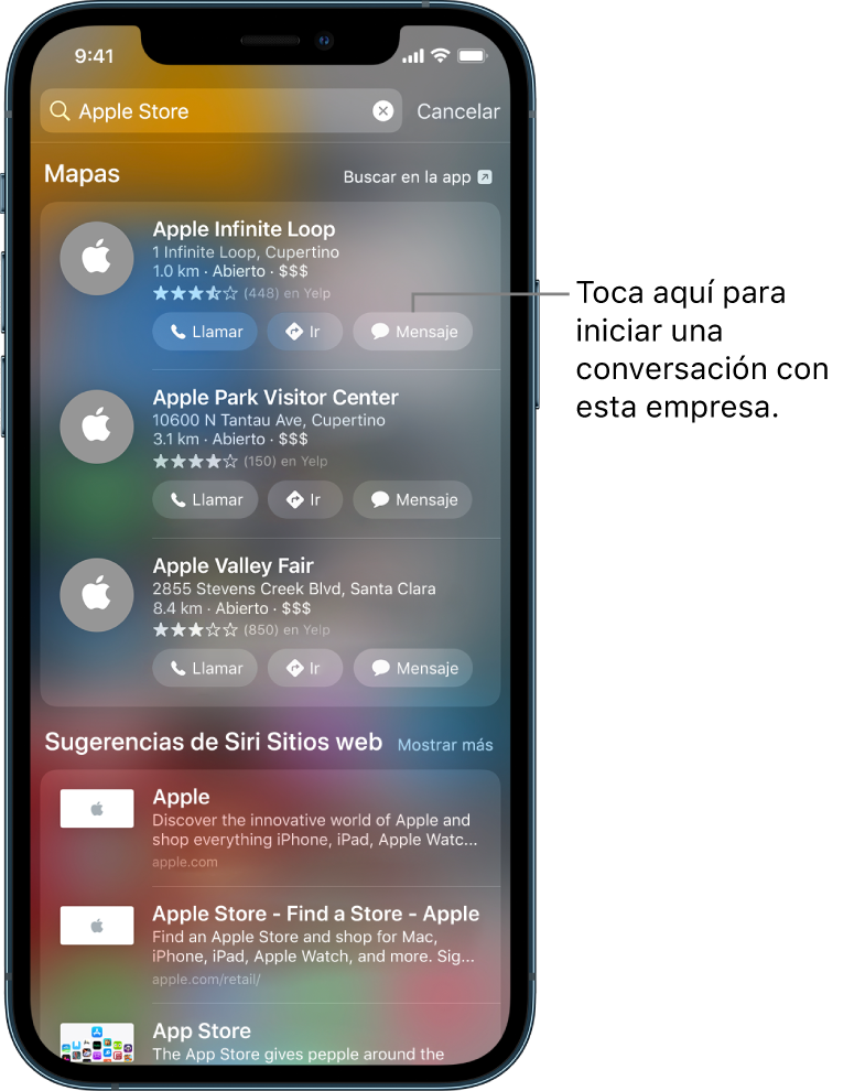 La pantalla Buscar mostrando elementos encontrados para Mapas. Cada resultado muestra una breve descripción, una calificación o una dirección, y cada sitio web muestra una URL. Los primeros tres resultados muestran un botón que se puede tocar para iniciar un chat con Apple Store.